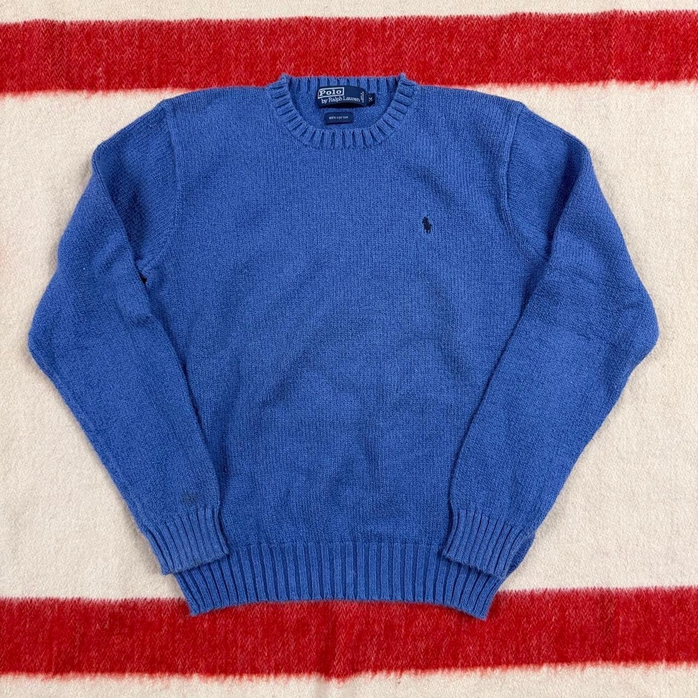 Vintage 90s Polo Ralph Lauren Knit Cotton Sweater Mens Medium Blue Crewneck